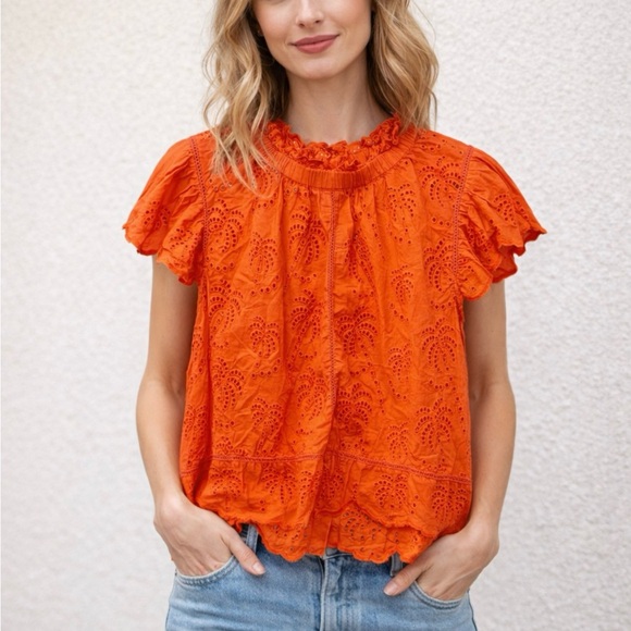 Anthro Jennifer & Grace Orange Eyelet Blouse
Cotton Boho Romantic Top L - Picture 9 of 9